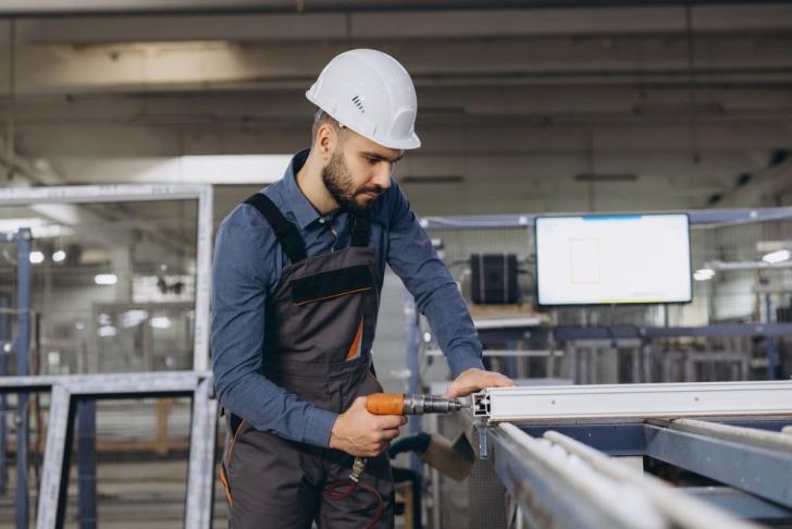 Ein Metallbauer bohrt ein Werkstück
